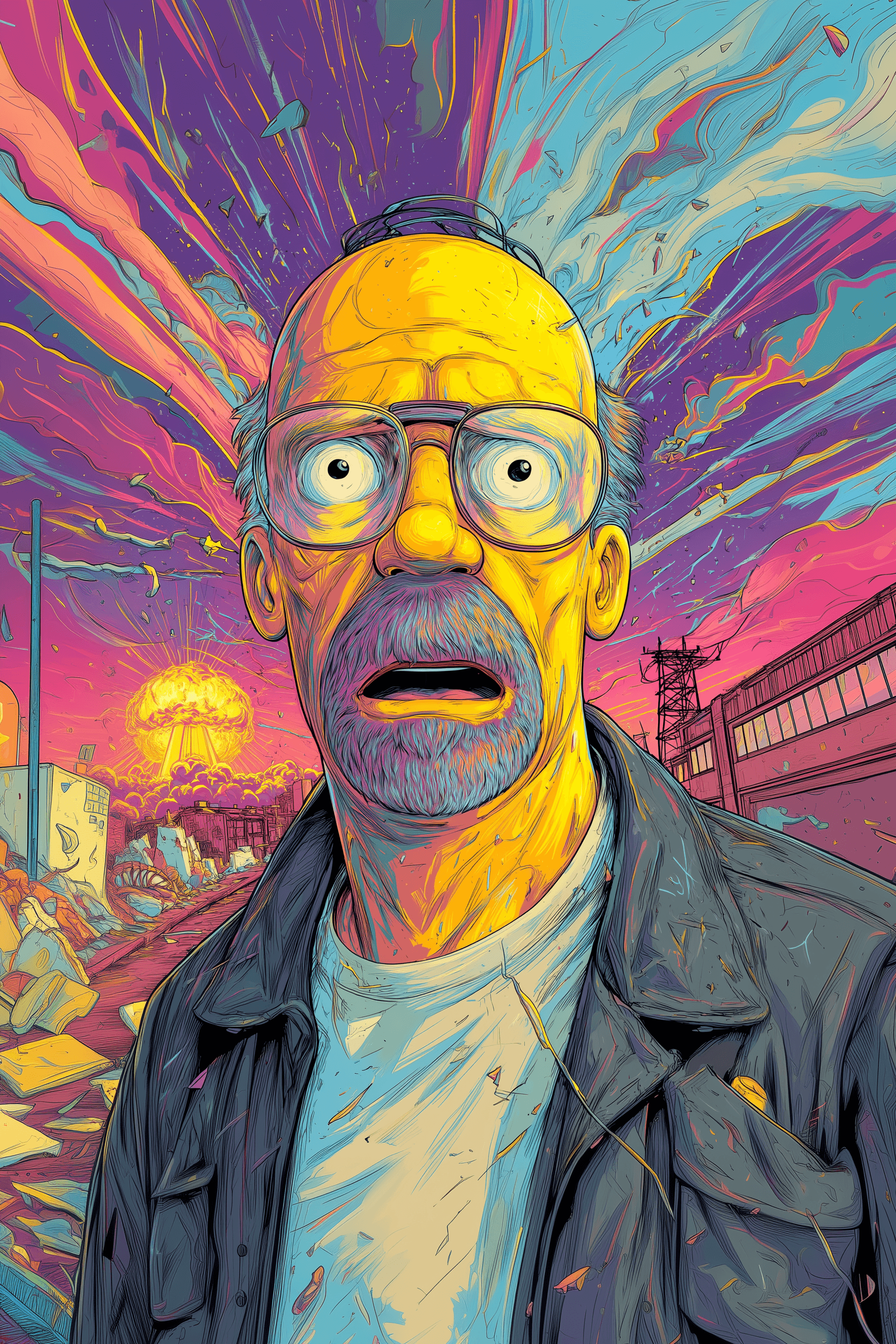 AI generated: homer jay simpson in GTA illustration, surprised look, site of the explosion of a radioactive power ...