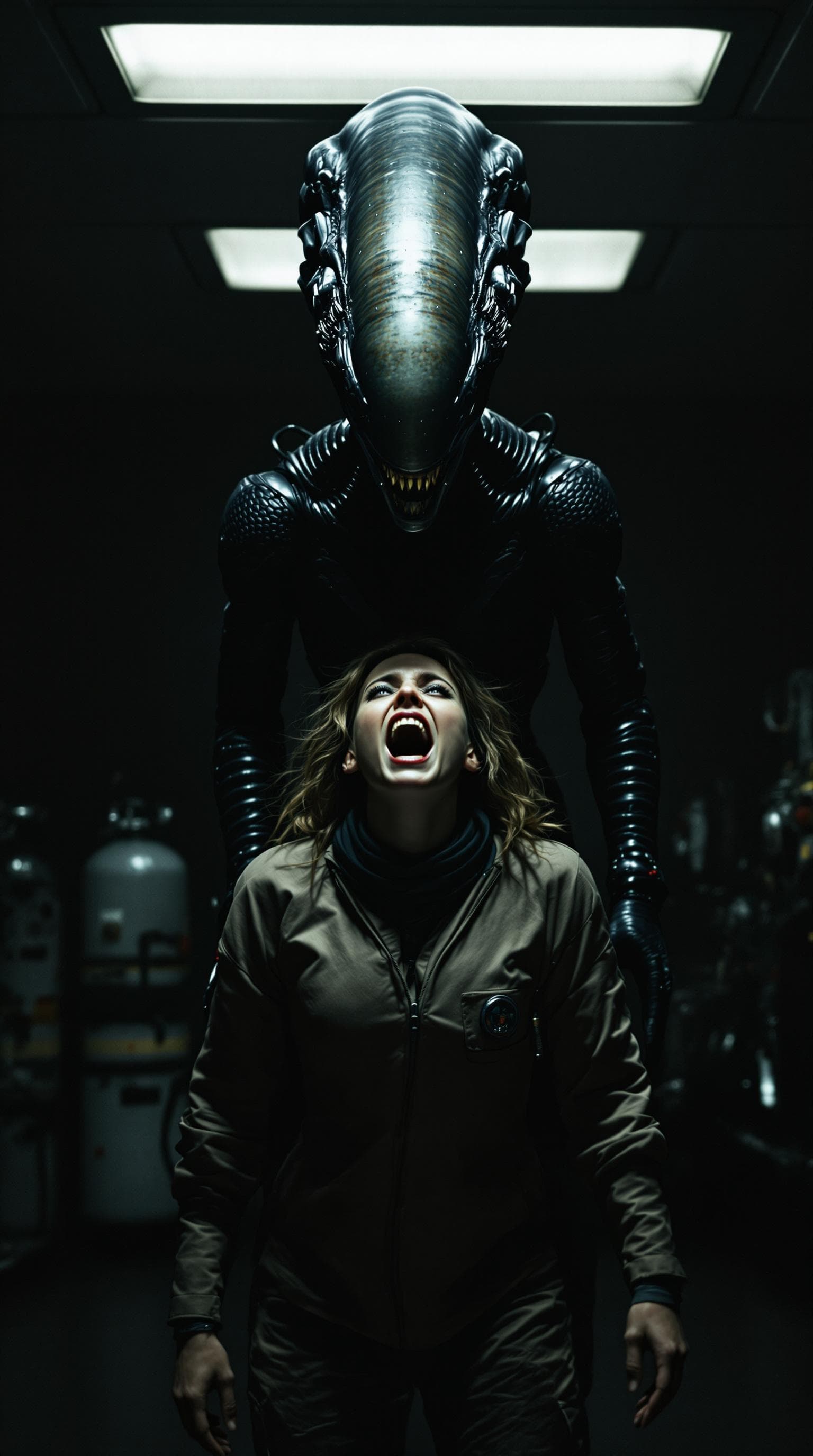 AI generated: A copy of the movie "ALIEN" in the style of Ridley Scott, there is an alien on top and in front of h...