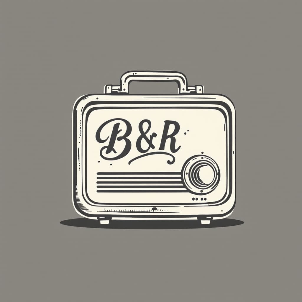 AI generated: logo simple white and grey style an old vintage radio slightly cartoonish with the text B R in a cla...