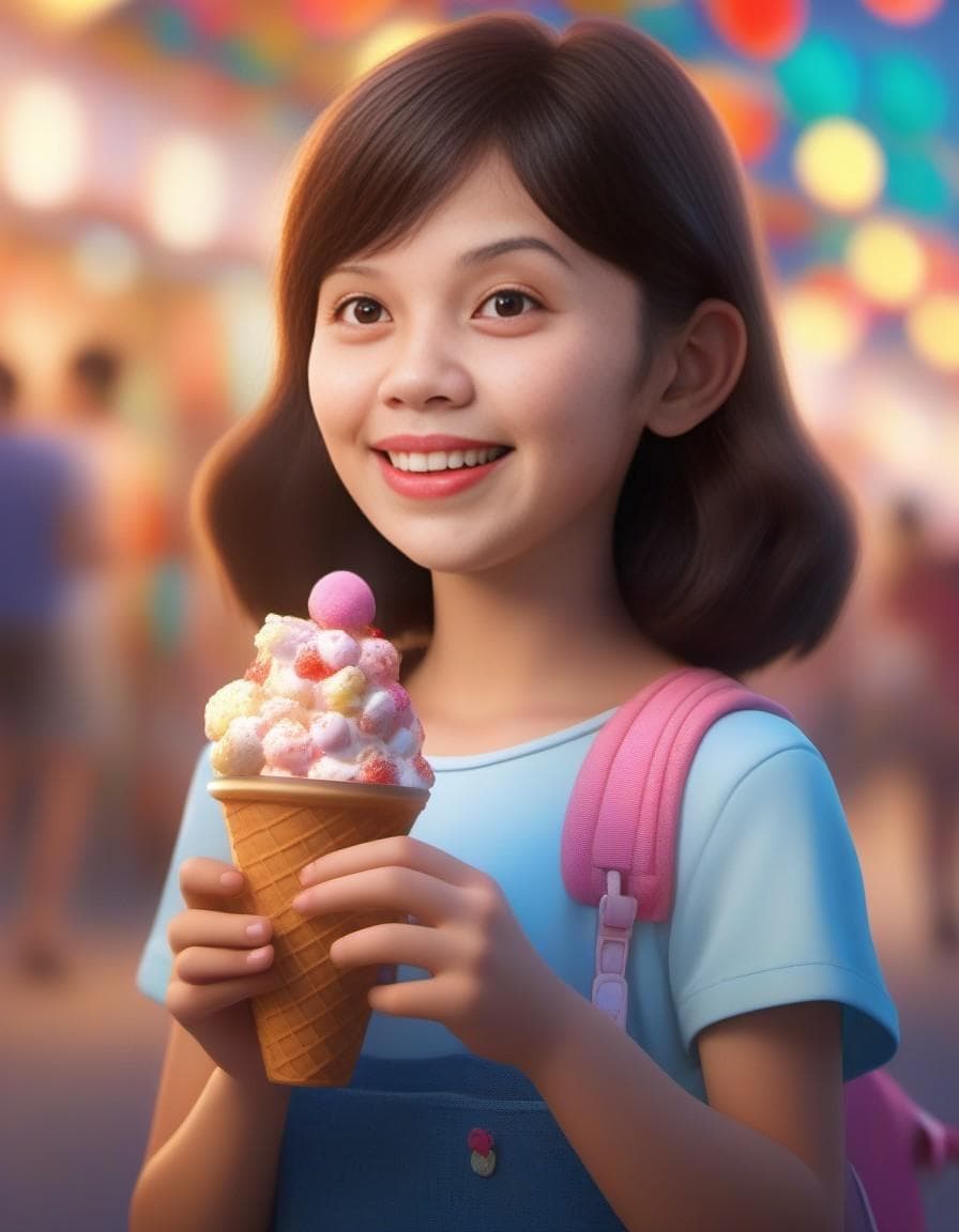 AI generated: cute, adorable, smiling girl eating ice cream, candies flying all around her, Pixar, disnet, cinema ...