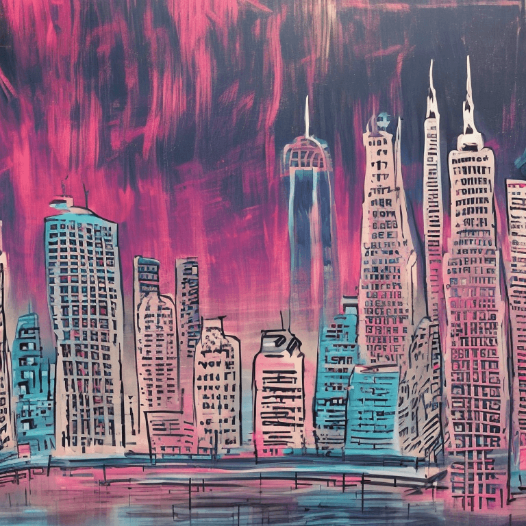 AI generated: Skyline of a city at night, painted by baskiat, blue and pink colors. 
