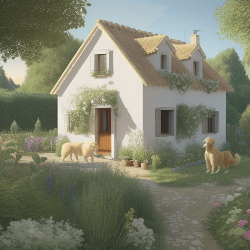 AI generated: Photo of a realistic cottage house in the village of Tiana, near Barcelona, with a white golden retr...