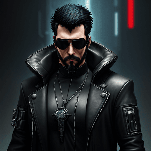 AI generated: cyberpunk priest with cyberware and aviator sunglasses. wear leather coat. short black hair and shor...