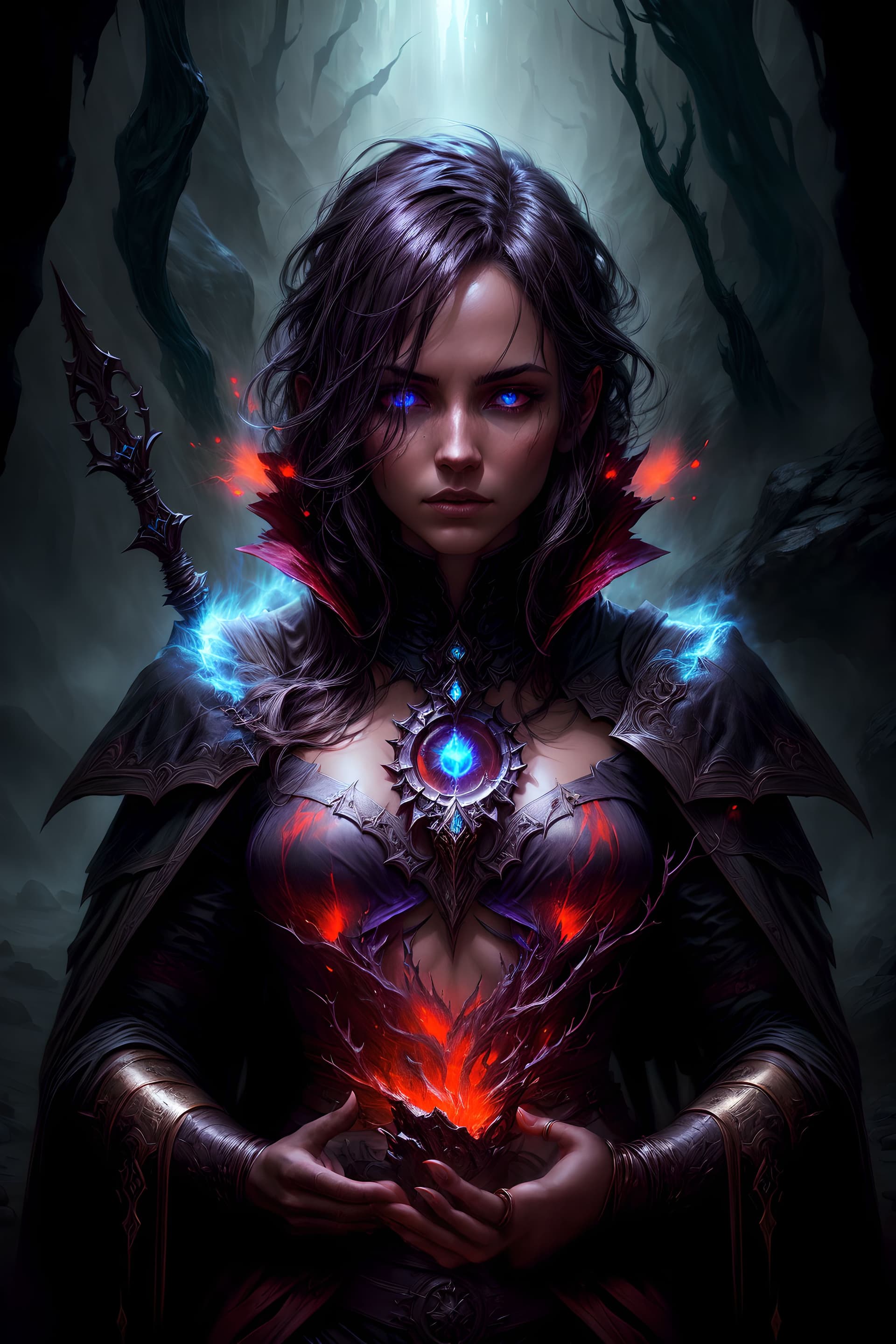 AI generated: breathtaking concept art ((legendary dark mage lord)), black coat. (cave scenery), dark atmosphere, ...