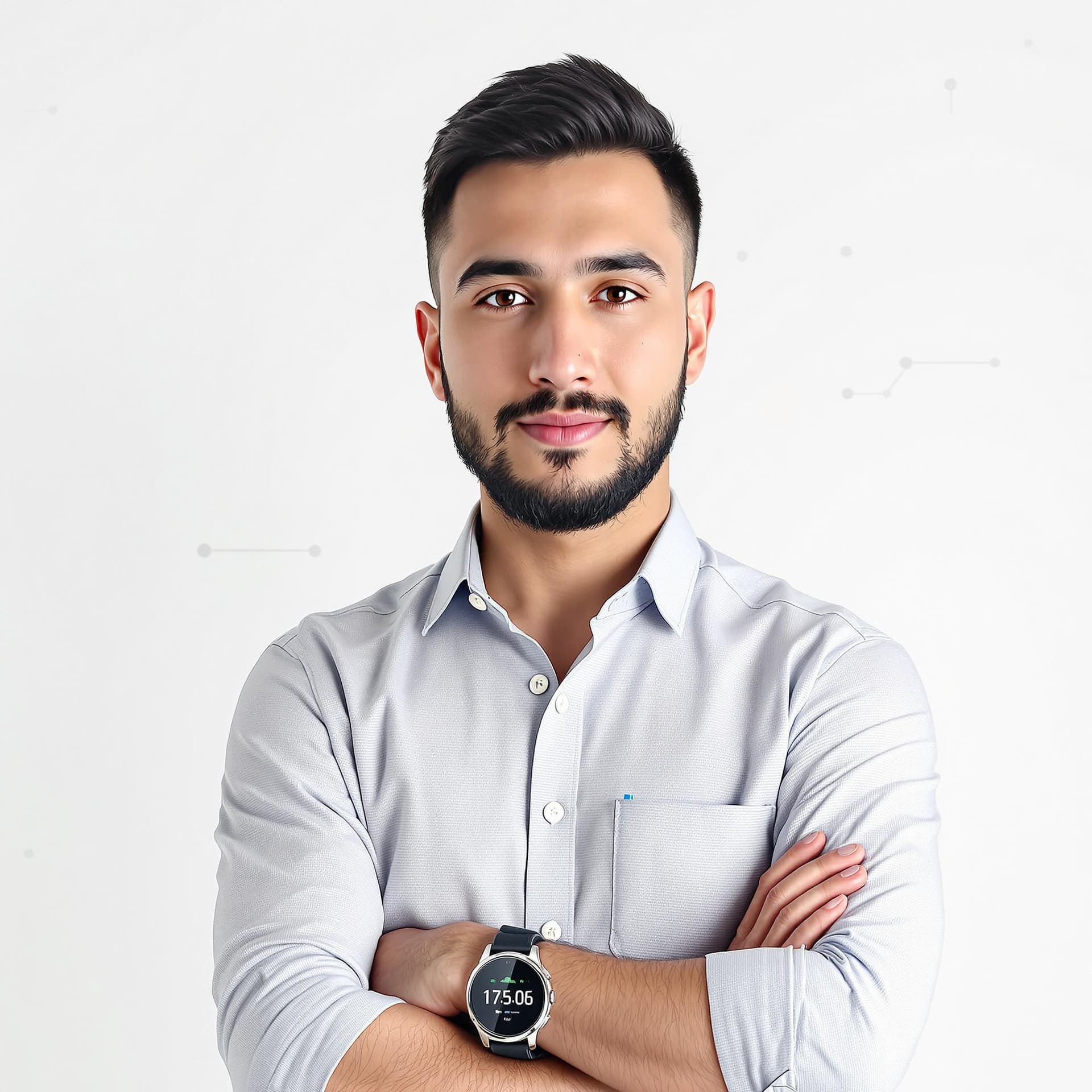 AI generated: A young Kyrgyz man, with a confident yet approachable expression, showcasing a professional look. He...