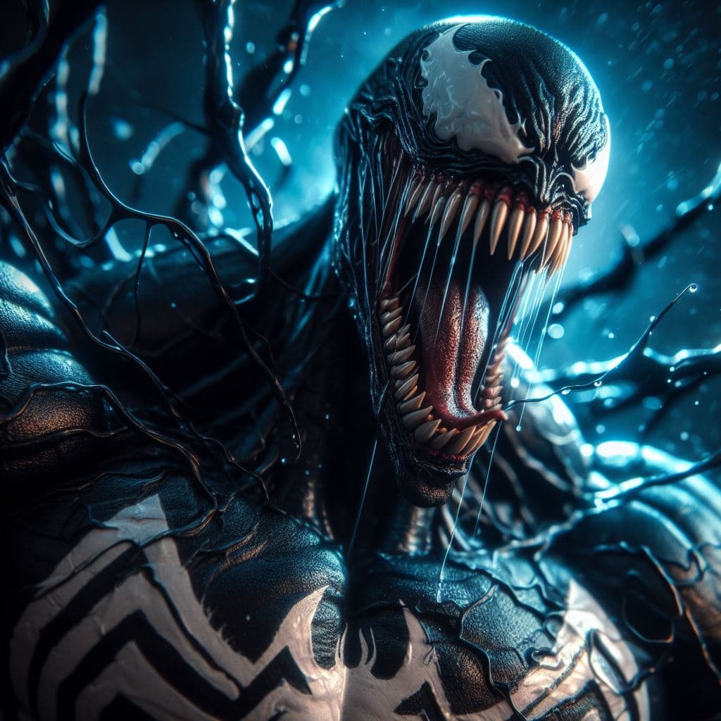 AI generated: close up of Venom of Marvel screaming, in a fit of rage, Masterpiece, gigantic scale, ascii-art --no...