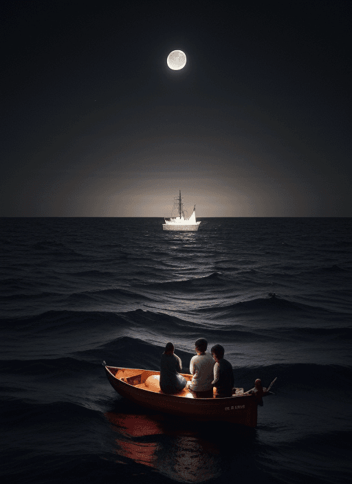 AI generated: Dark blue sea at night, leading to the South Pole, and several Asian couple sat in a wooden boat in ...