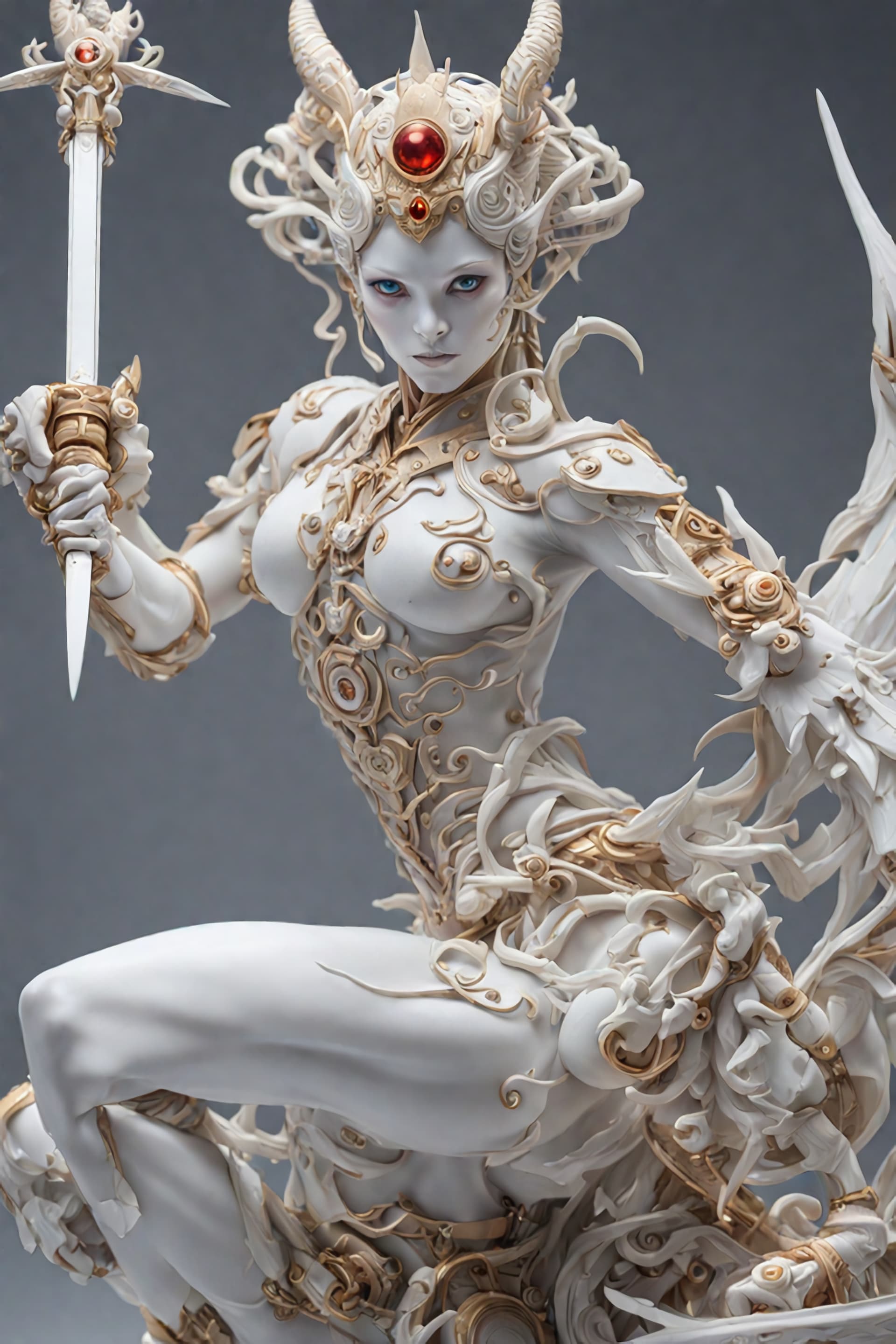 AI generated: Carved porcelain cyborg demons,different full body modelposition, high detailed cinematic background...