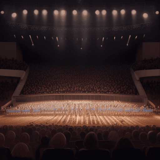 AI generated: People applauding at a concert of piano  ,panoramic view of the stage, art by studio 