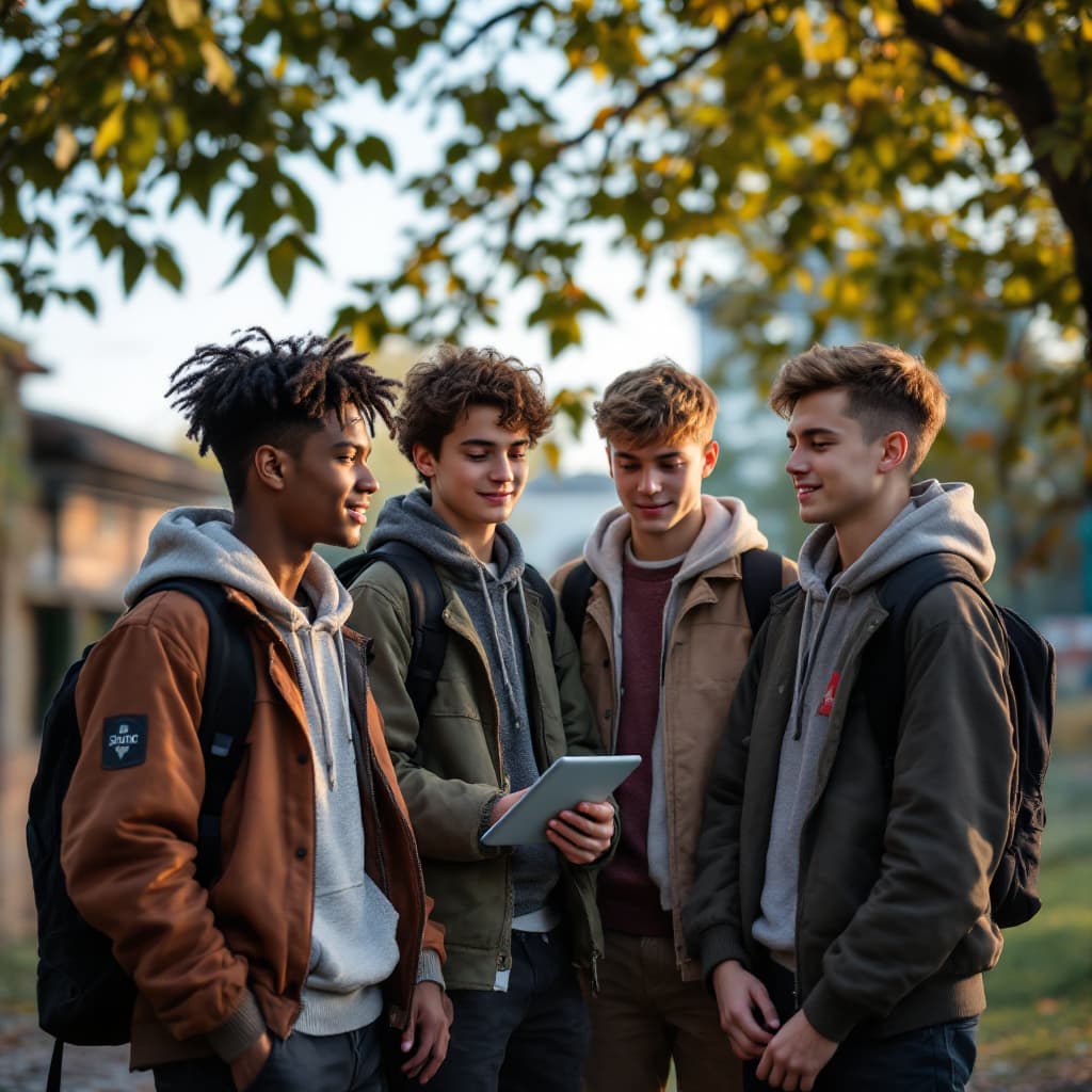 AI generated: four students 15 years old in their school yard, two of them say stop cyber bulling and the other tw...