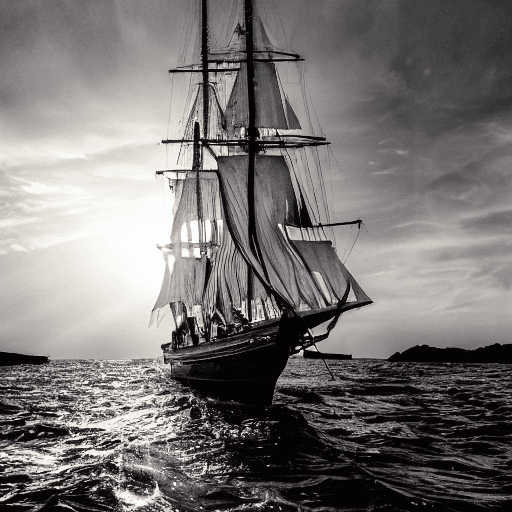 AI generated: photo of a sailing ship, dramatic light, pale sunrise, cinematic lighting, battered, low angle, 4k, ...