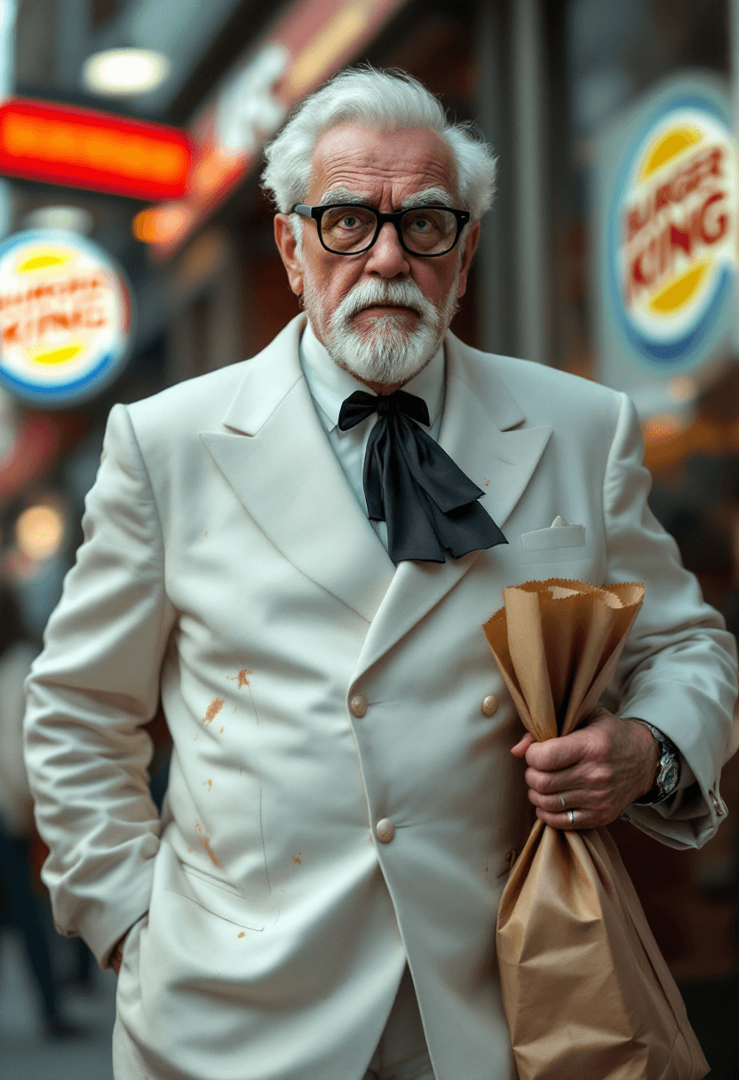AI generated: A hyper-realistic image of Colonel Sanders, the iconic KFC figure, wearing his classic white suit, b...
