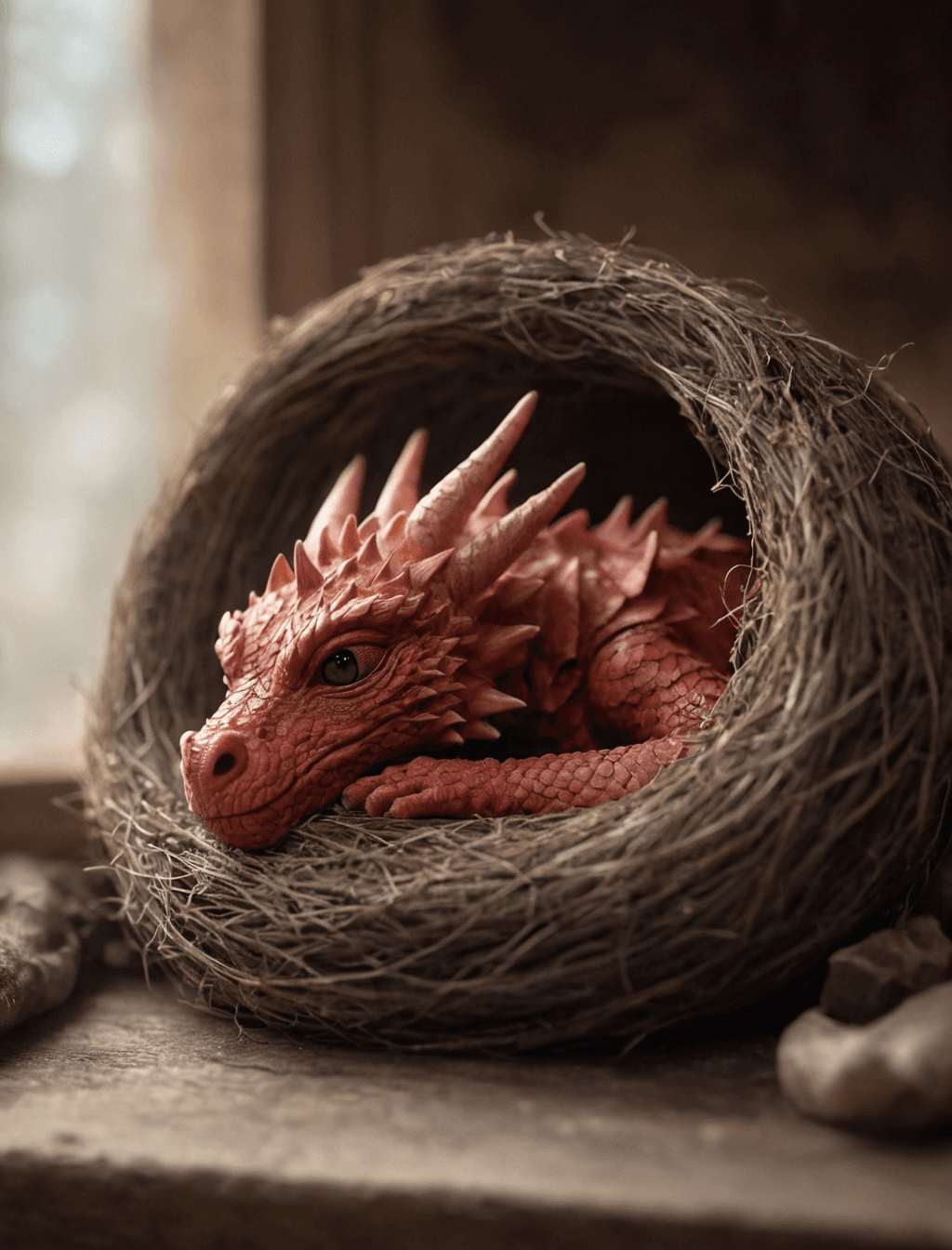 AI generated: photorealistic, lotr, A tiny red dragon curled up asleep inside a nest, (Soft Focus), (f_stop 2.8), ...