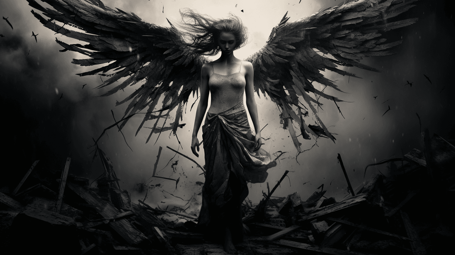 AI generated: Black and white angel wallpapers, in the style of martin stranka, dark gray and dark aquamarine, dyn...