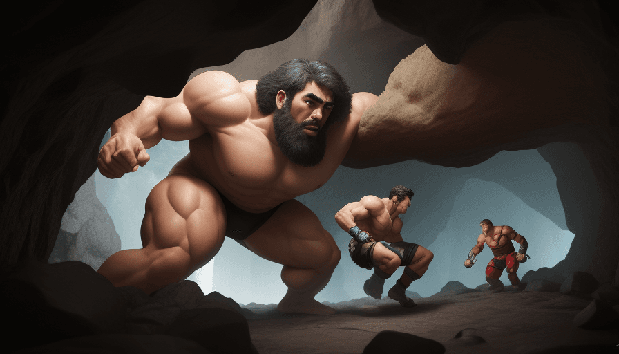 AI generated: giant men fighting in a cave, muscles, zach king, masters, 8k, nanites, no errors, perfect