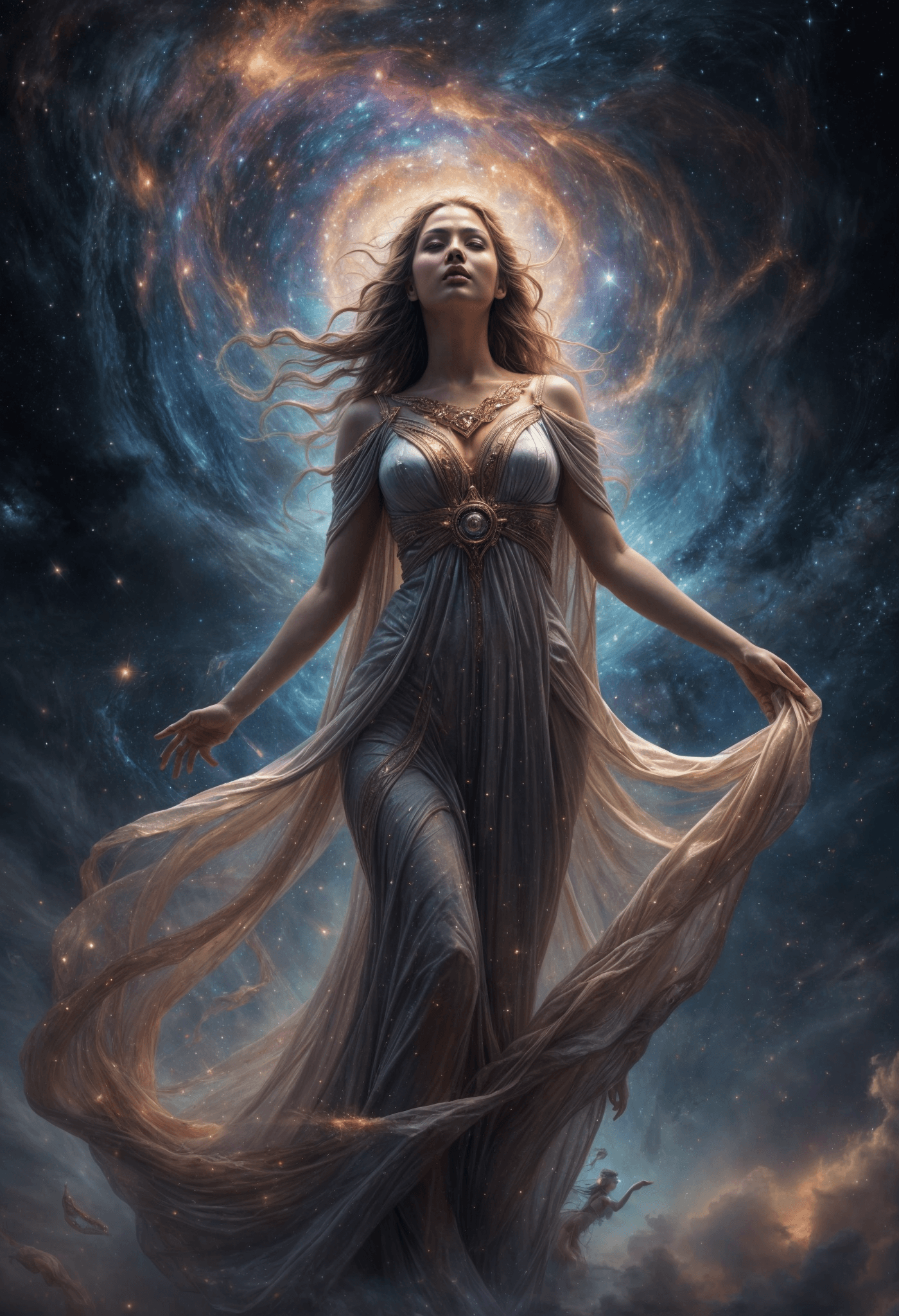 AI generated: an epic scene of a stunning goddess emerging from a starry nebula. Her form materializes amidst swir...