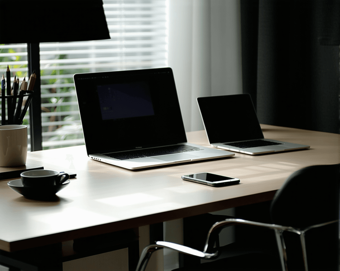 AI generated: A sleek, minimalist office workspace bathed in natural night light, featuring a modern desk setup wi...