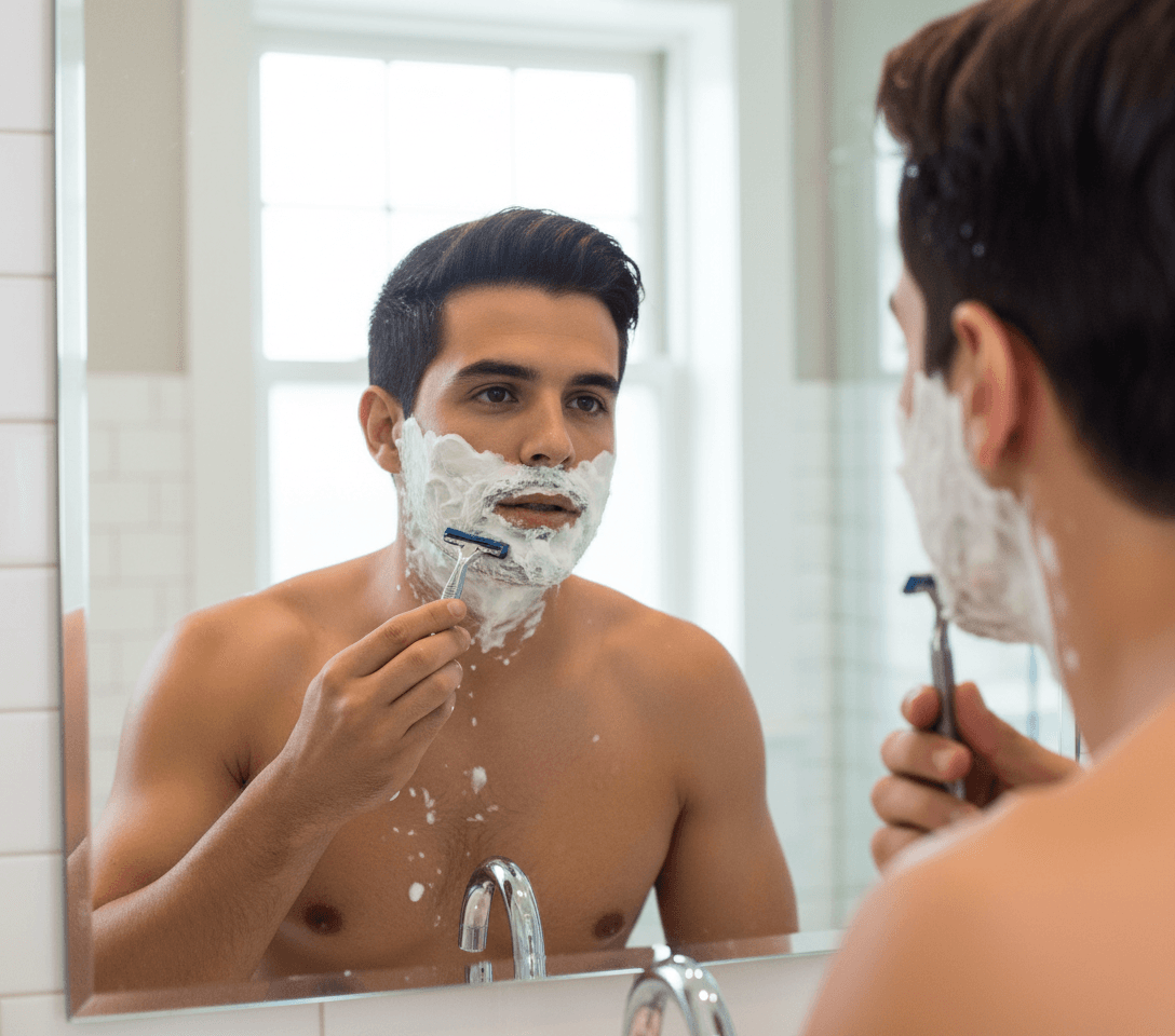 AI generated: In a bright bathroom. The Hispanic male is shaving in the mirror. He is shirtless.  his hair is wet....