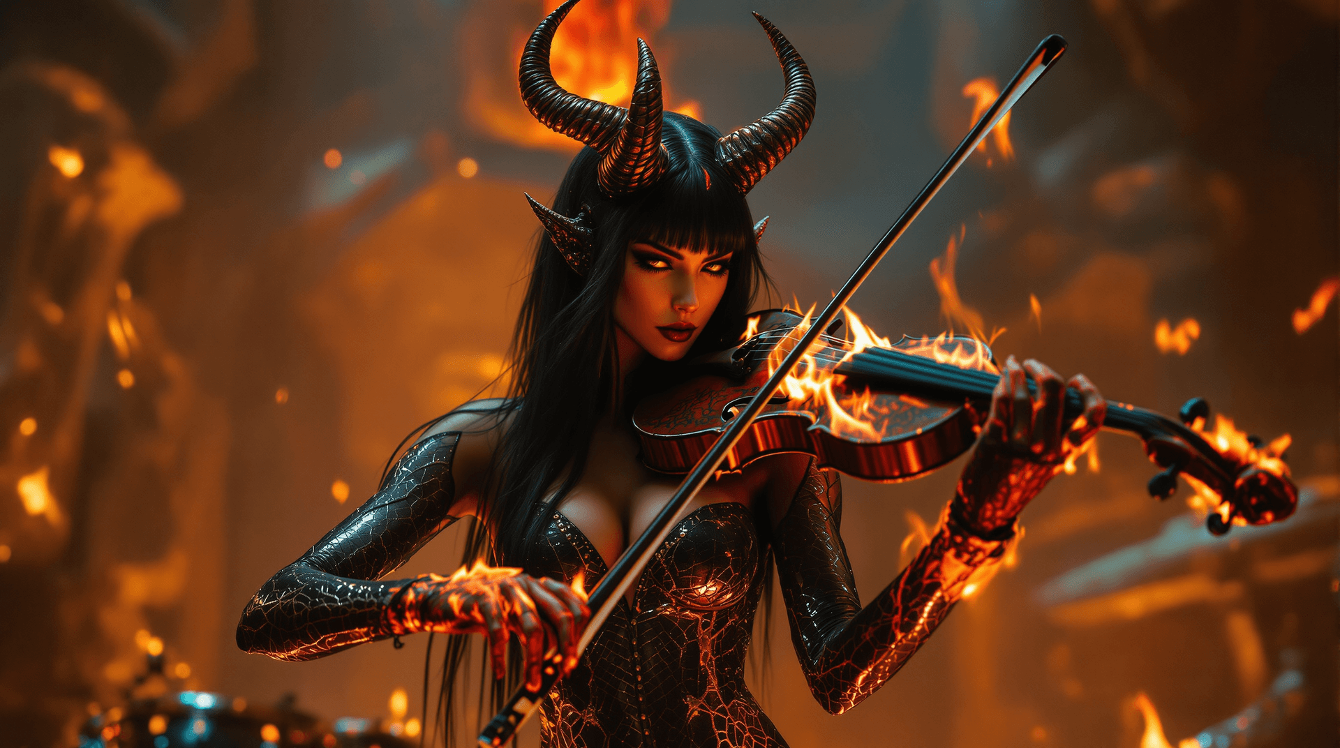 AI generated: a bold and edgy portrait female demon character playing Violin, reminiscent of the dark, mystical wo...