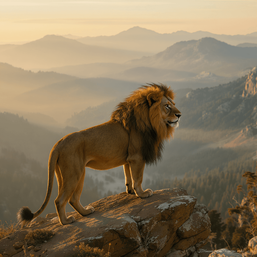 AI generated: A magnificent Barbary lion, with a thick, dark, extensive mane, stands proudly on a rocky outcrop in...