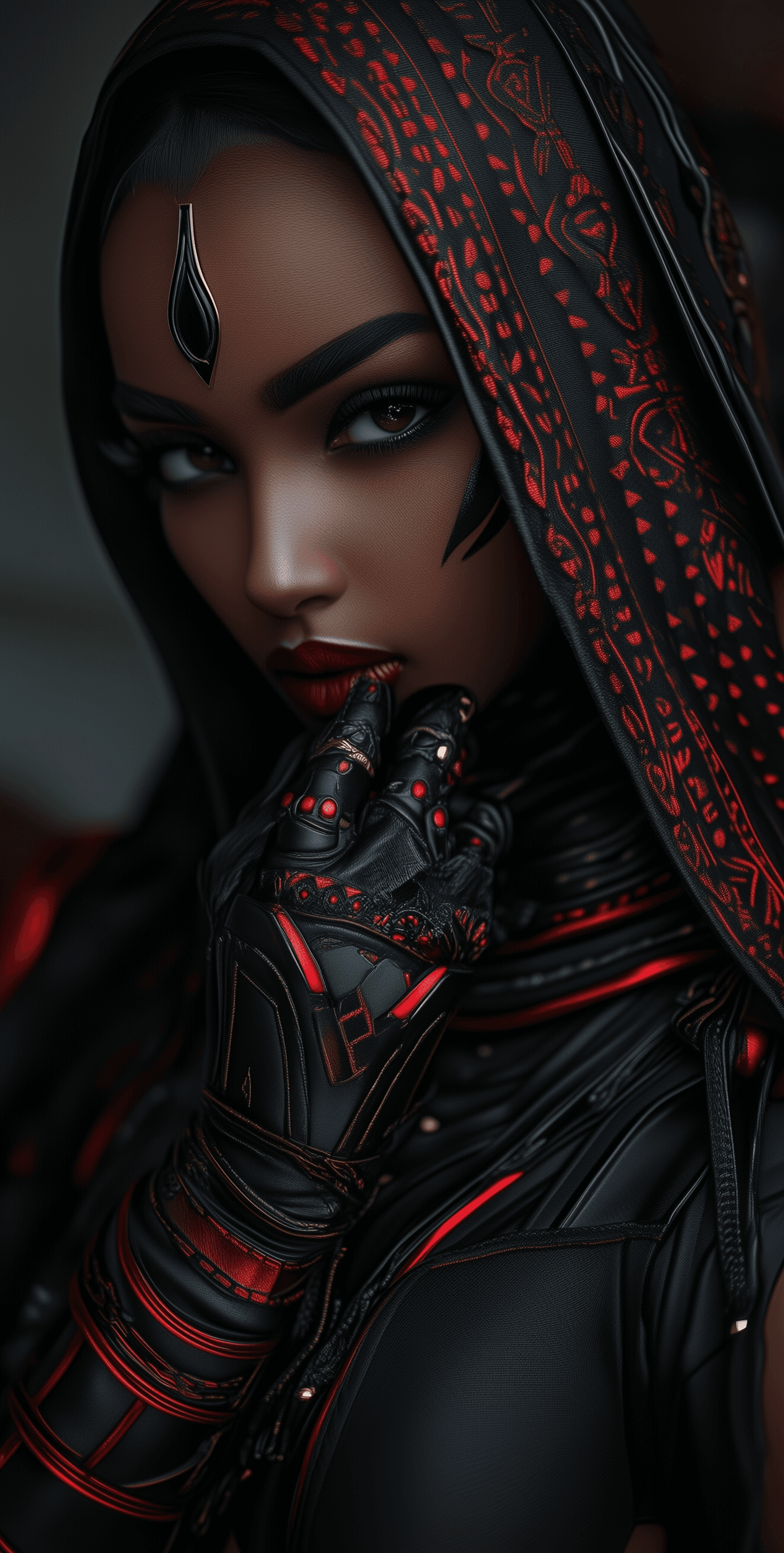 AI generated: A beautiful, dark-skinned woman in black and red cyberpunk with a long hood. She has heavy makeup, a...