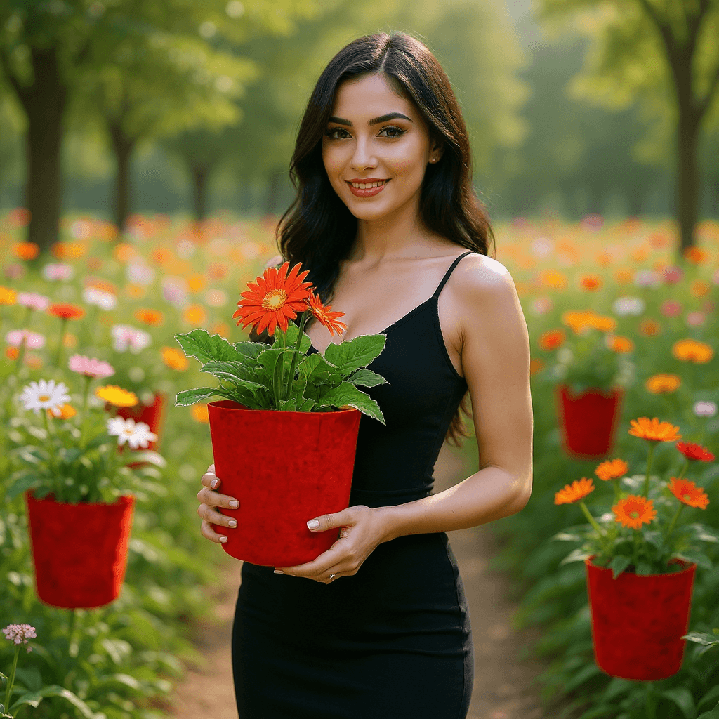 AI generated: A beautiful young Indian woman with fair skin and long black hair is holding a red geo-fabric grow b...