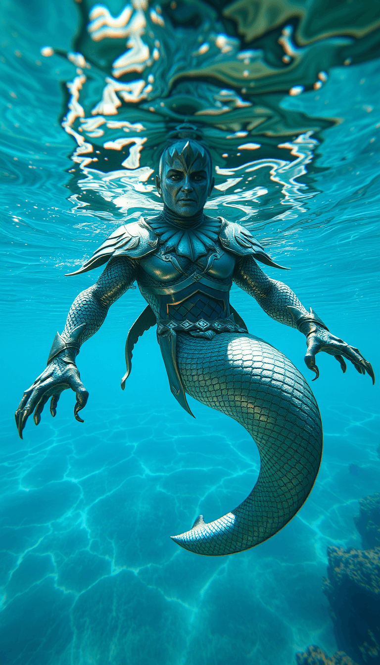 AI generated: Beneath the surface of a crystal-clear lake, Nereus, a regal merman warlord, commands his aquatic le...