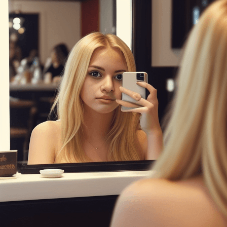 AI generated: photo of blonde woman. she is in the restaurant and she is taking photo of herself by mirror and sha...