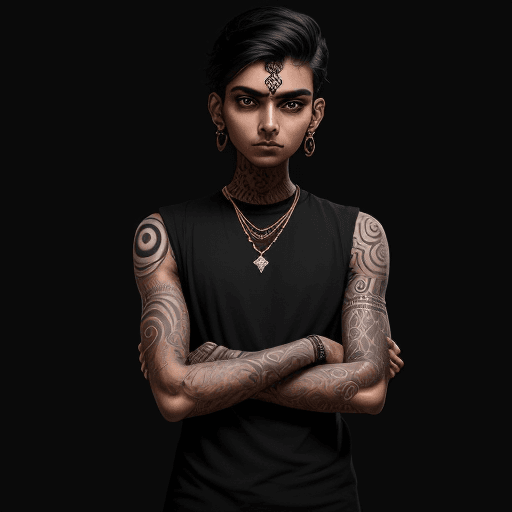 AI generated: a indian slim boy in black shirt with her arms folded against , in the style of tattoo, normcore, da...