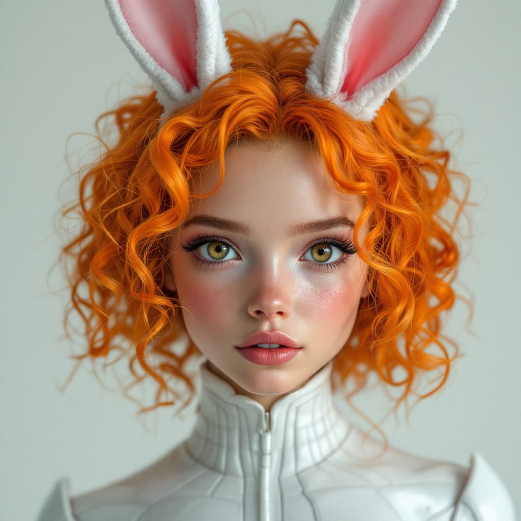 AI generated: Realistic photograph of a girl, with bunny ears, light brown skin, big eyes and curly orange hair, w...