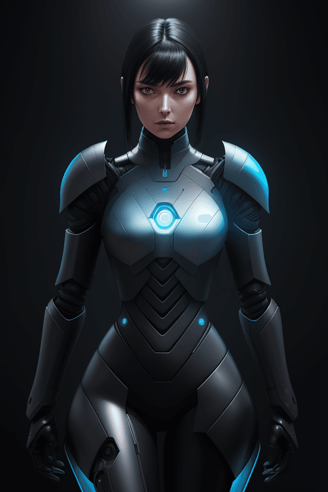 AI generated: A female android in sleek and shiny armor, with illuminating elements, no helmet, laid-back black ha...