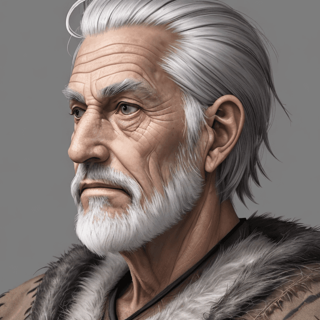 AI generated: frontal view portrait  of a face of nice and wise old prehistoric man with  gray hair, frontal view,...
