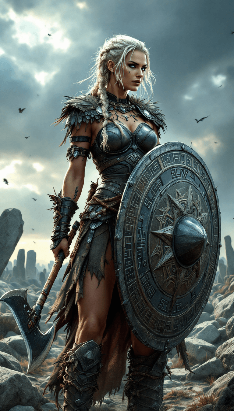 AI generated: The Mythic Rune Shield Maiden: A resilient and fierce warrior with short, braided platinum blonde ha...