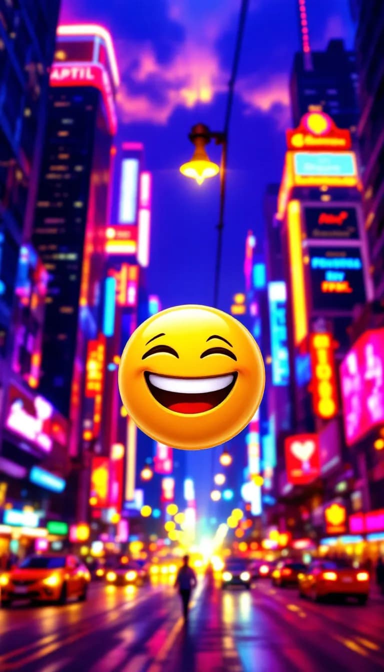 AI generated: In a vibrant colorful neon cityscape, a cheerful emoji character beams with joy, surrounded by glowi...
