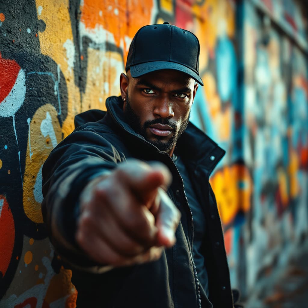 AI generated: A cinematic portrait of a confident man wearing a black baseball cap and a stylish urban jacket, poi...