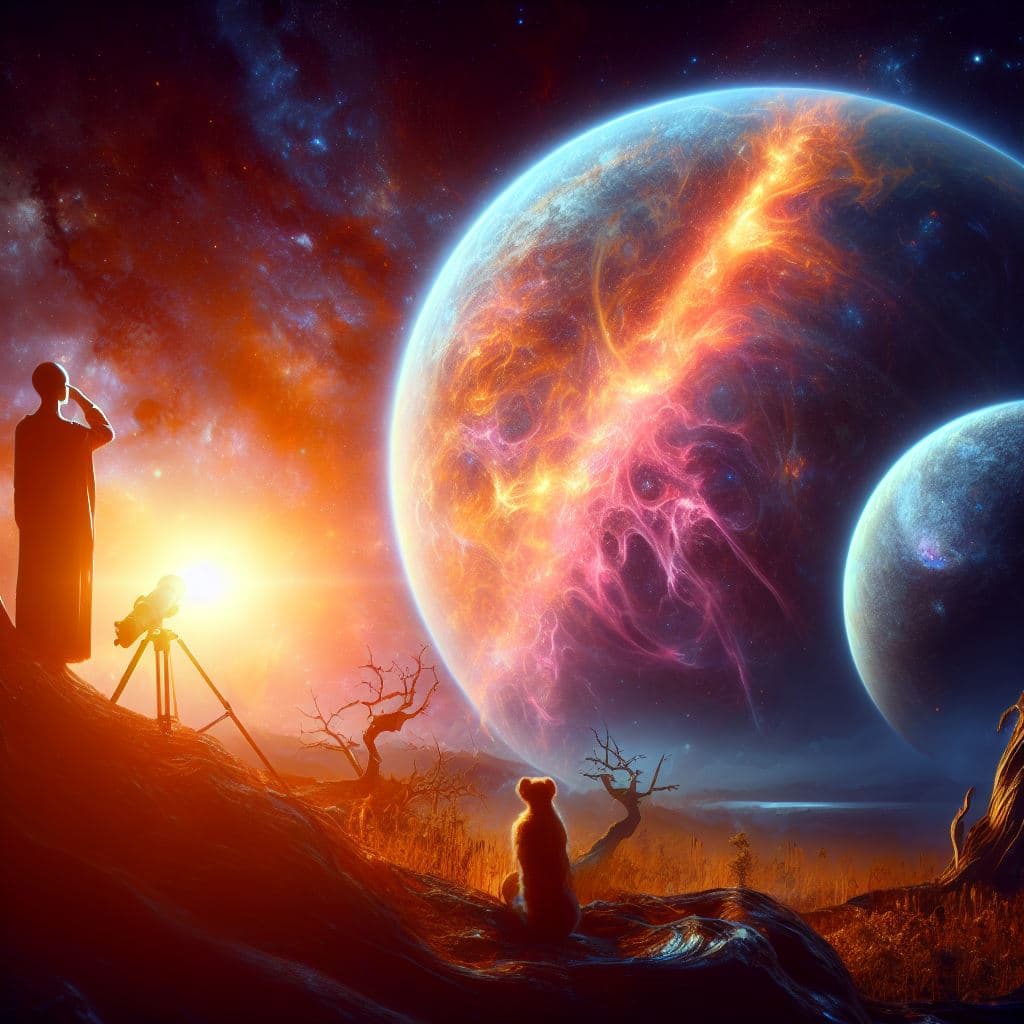 AI generated: on a distant alien planet, sureal beautiful, shiny, glowing, a dying star illuminates the terrestria...