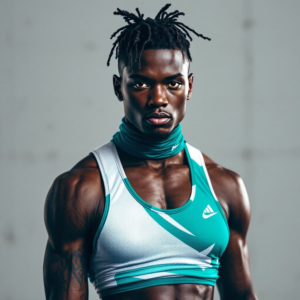 AI generated: An atheletic black african in blue white and green athletic outfit full shot looking at the camera u...