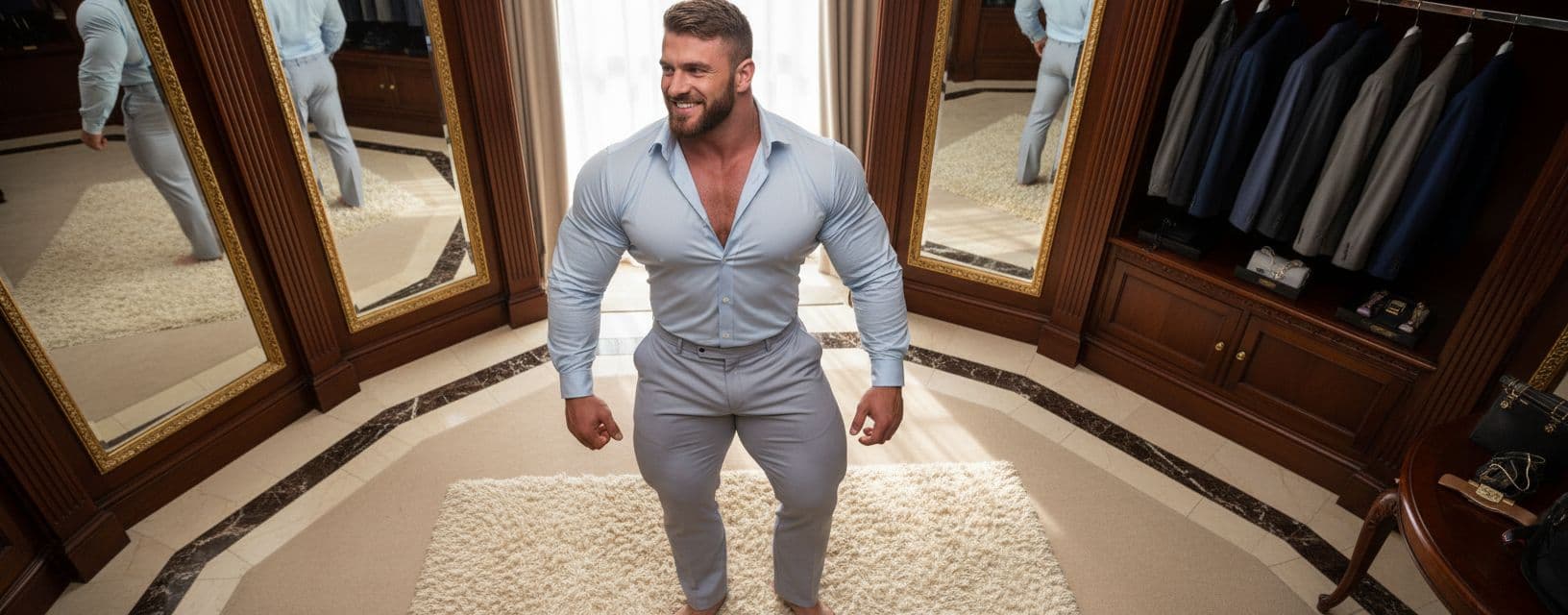 AI generated: The bodybuilder is 6'4" tall, he has huge muscular shoulders and super extra huge muscular legs. He ...