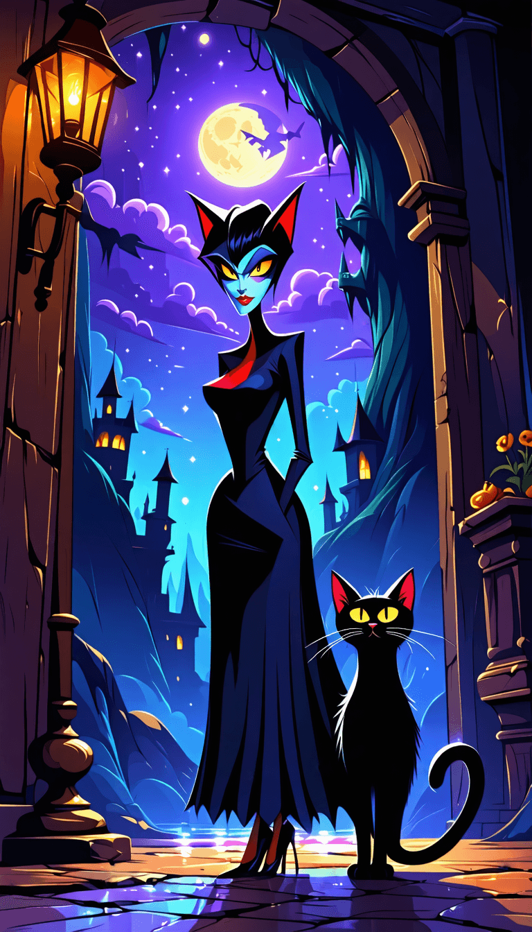 AI generated: An ultrarealistic and her sinister cat in a magic room looking direct to cam,in style of munch,cinem...