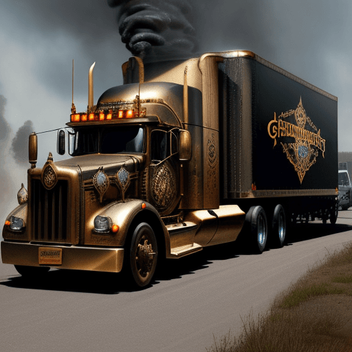 AI generated: a fantasy photo of (steampunk gears) 18 wheeler truck and trailer, highly detailed, ((intricate)), h...
