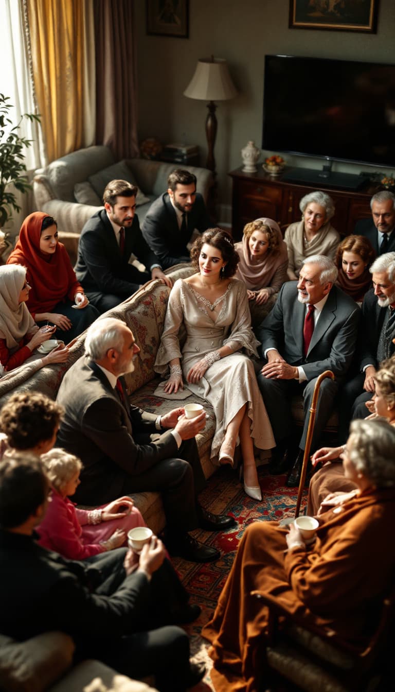 AI generated: high-angle shot of a 1950s Iranian engagement gathering in a spacious, well-decorated traditional ho...