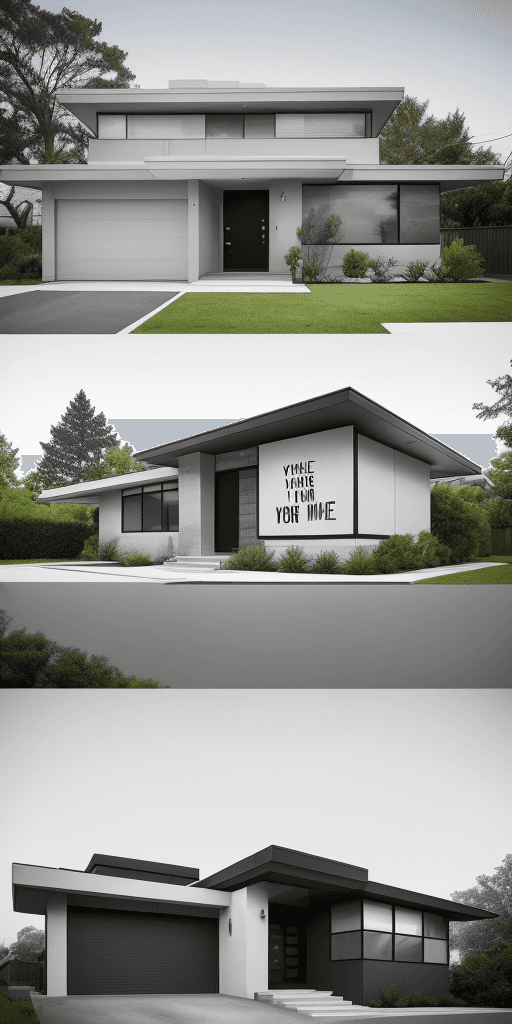 AI generated: Hyper realistic eye level exterior photo of a mid century modern style house overlooking the Design ...