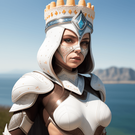 AI generated: kambucha woman, sequins on the face, meshy skin, pretty face, white armor, pose, thin thallus, horiz...