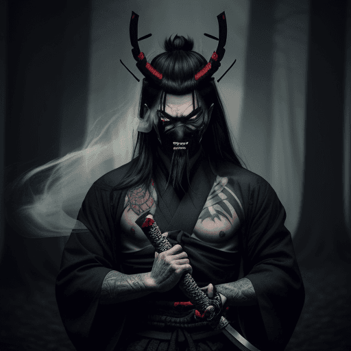 AI generated: A samurai with his demonic mask and his katana loves him, covered in ancient tattoos, coming out of ...