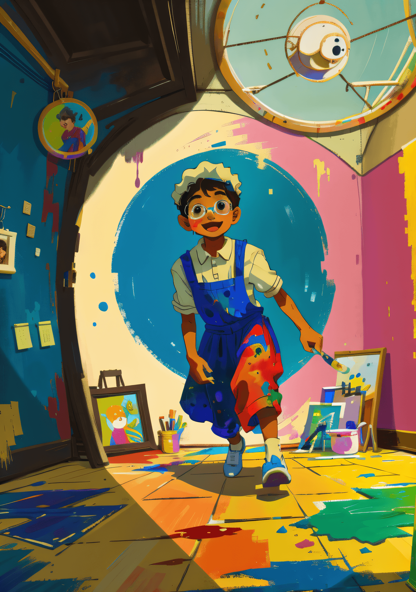 AI generated: Boy running, black skin, round glasses, apron, painter, cap, dirty paint, happy, perfect quality, cl...