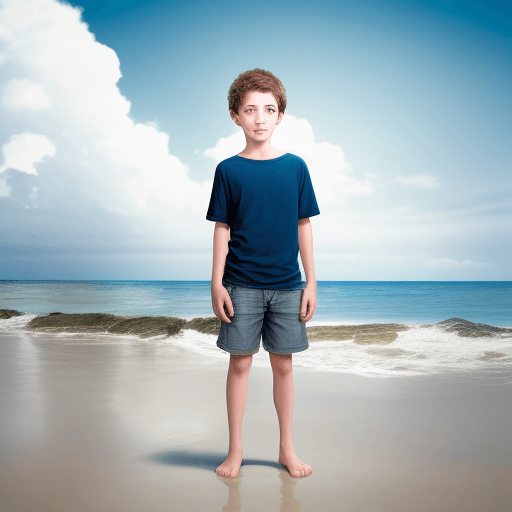 AI generated: High resolution, 
preteen. boy, beach, 
