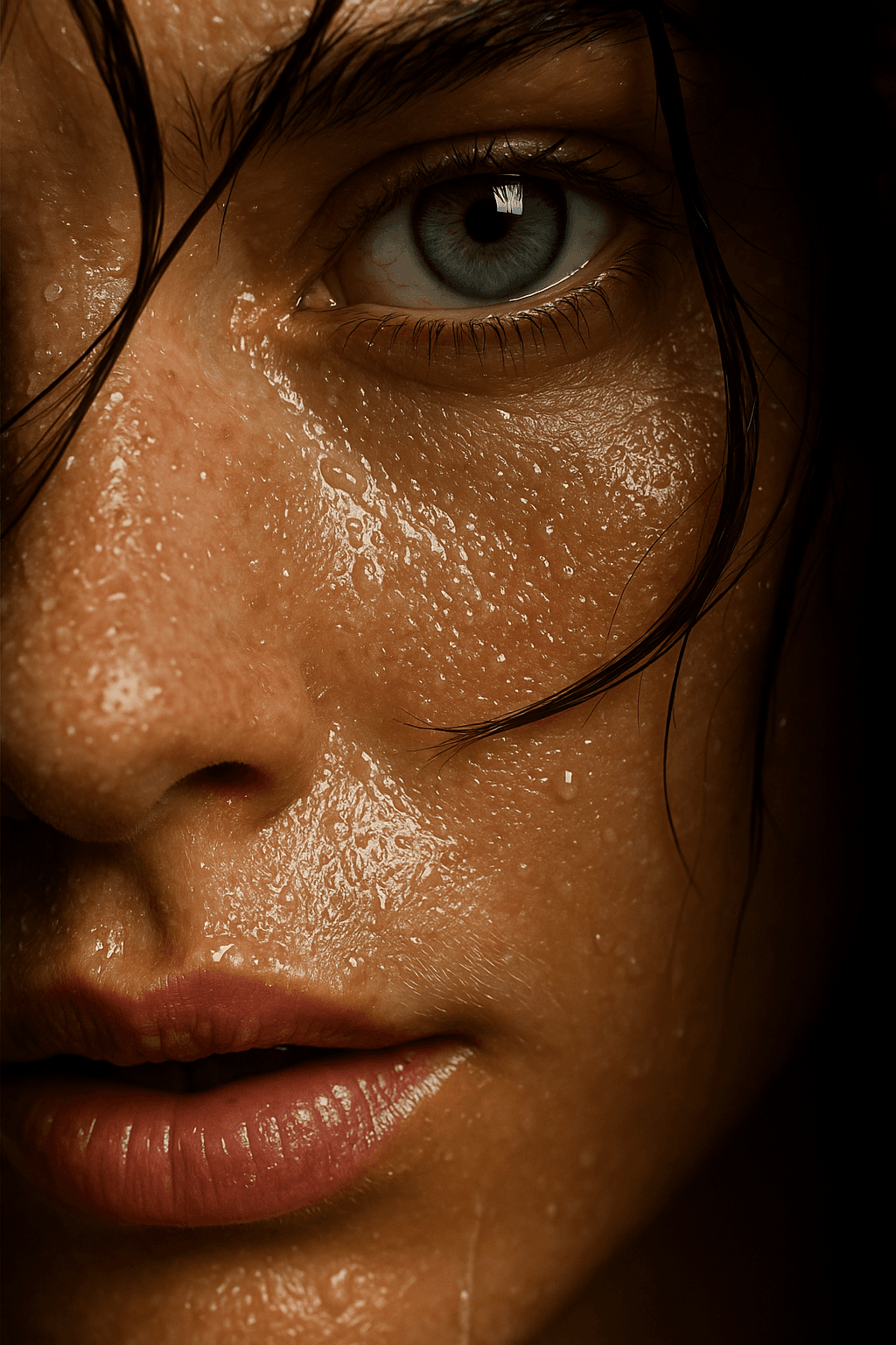 AI generated: {
  "title": "Ultra-Realistic Close-Up Portrait with Water Droplets",
  "intent": "Capture an extr...