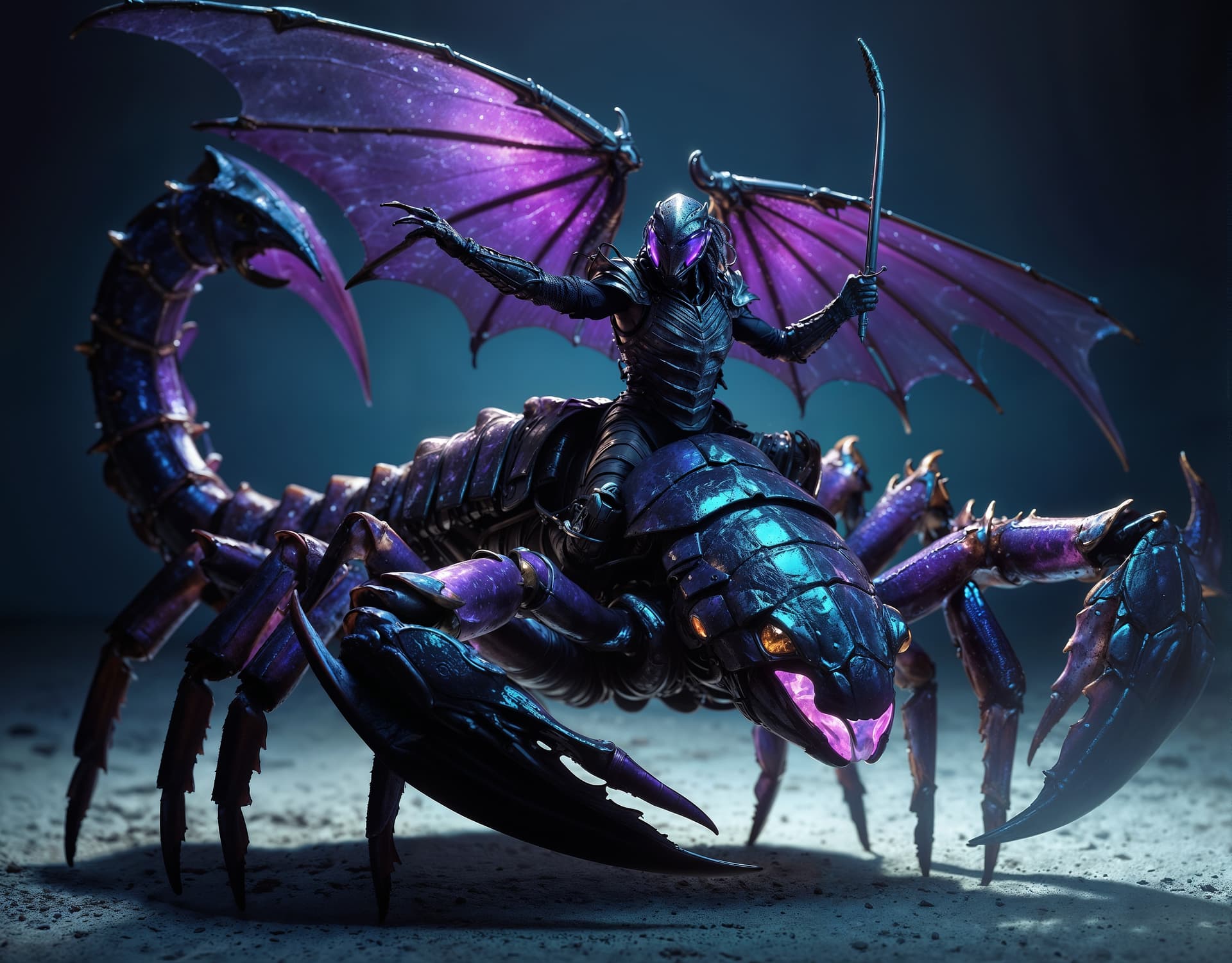 AI generated: A full body photo shot of a mythical scorpion with glossy purple and black scales with glowing intri...