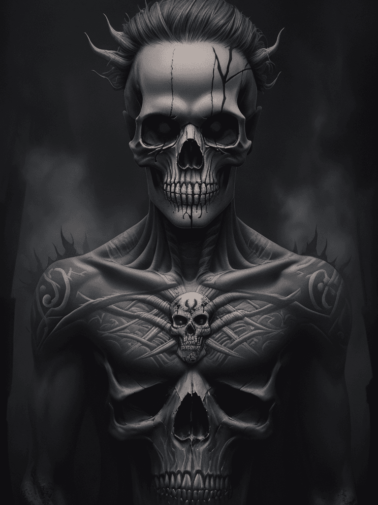 AI generated: breathtaking Artistic male in skull tattoo, solo., under creepy evil fog. In a City burial backgroun...