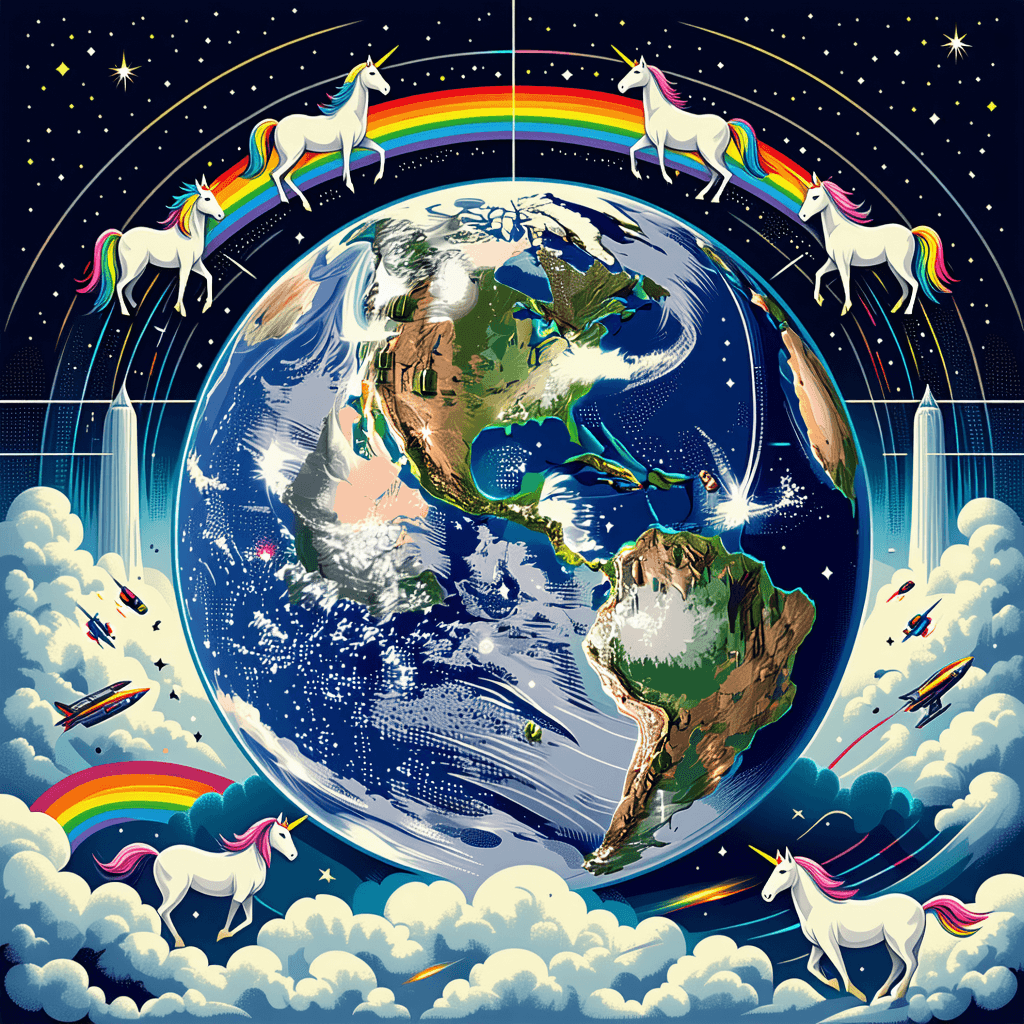 AI generated: scientific poster of the earth surrounded by magnetic field lines. unicorns in rainbow spaceships ar...